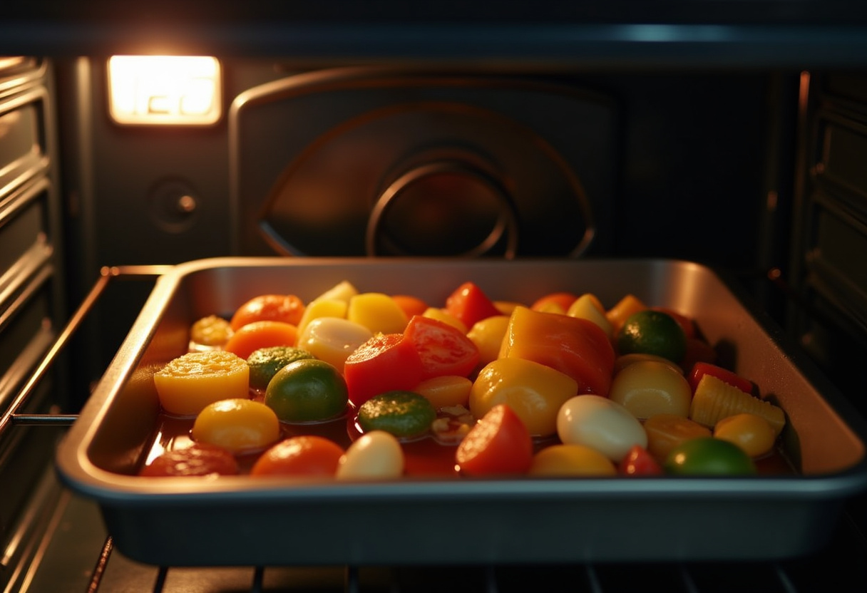 Légumes rôtis au four pour la recette de pommes de terre à l'ail et aux herbes.