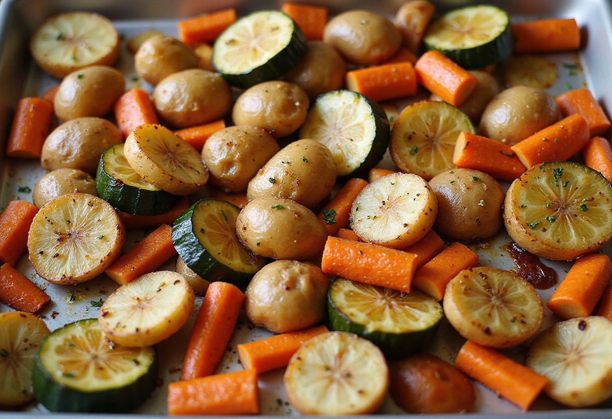 Pommes de terre, carottes et courgettes rôties aux herbes prêtes à être servies.