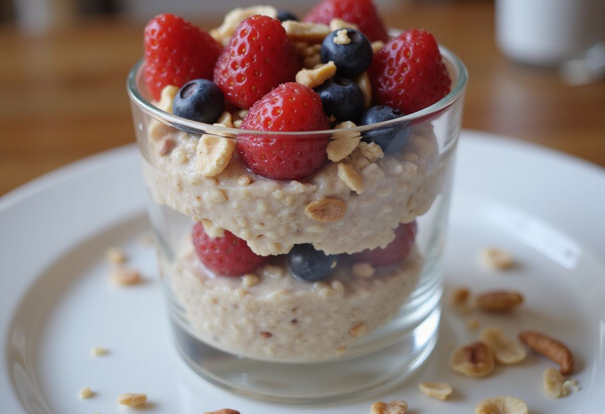 Finished porridge parfait with oatmeal and berries, a delightful start to the day.