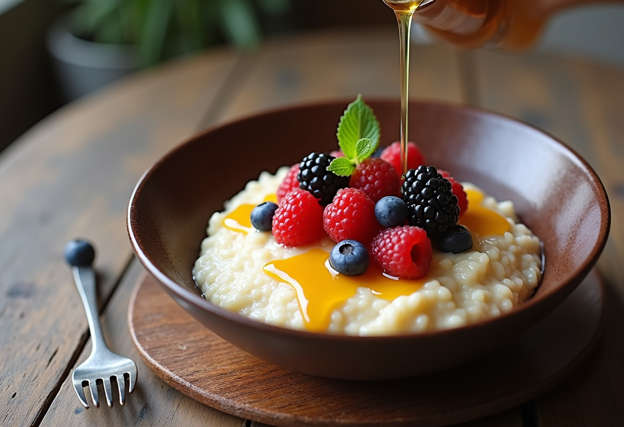 Porridge topped with fresh berries and honey for recette porridge parfait.