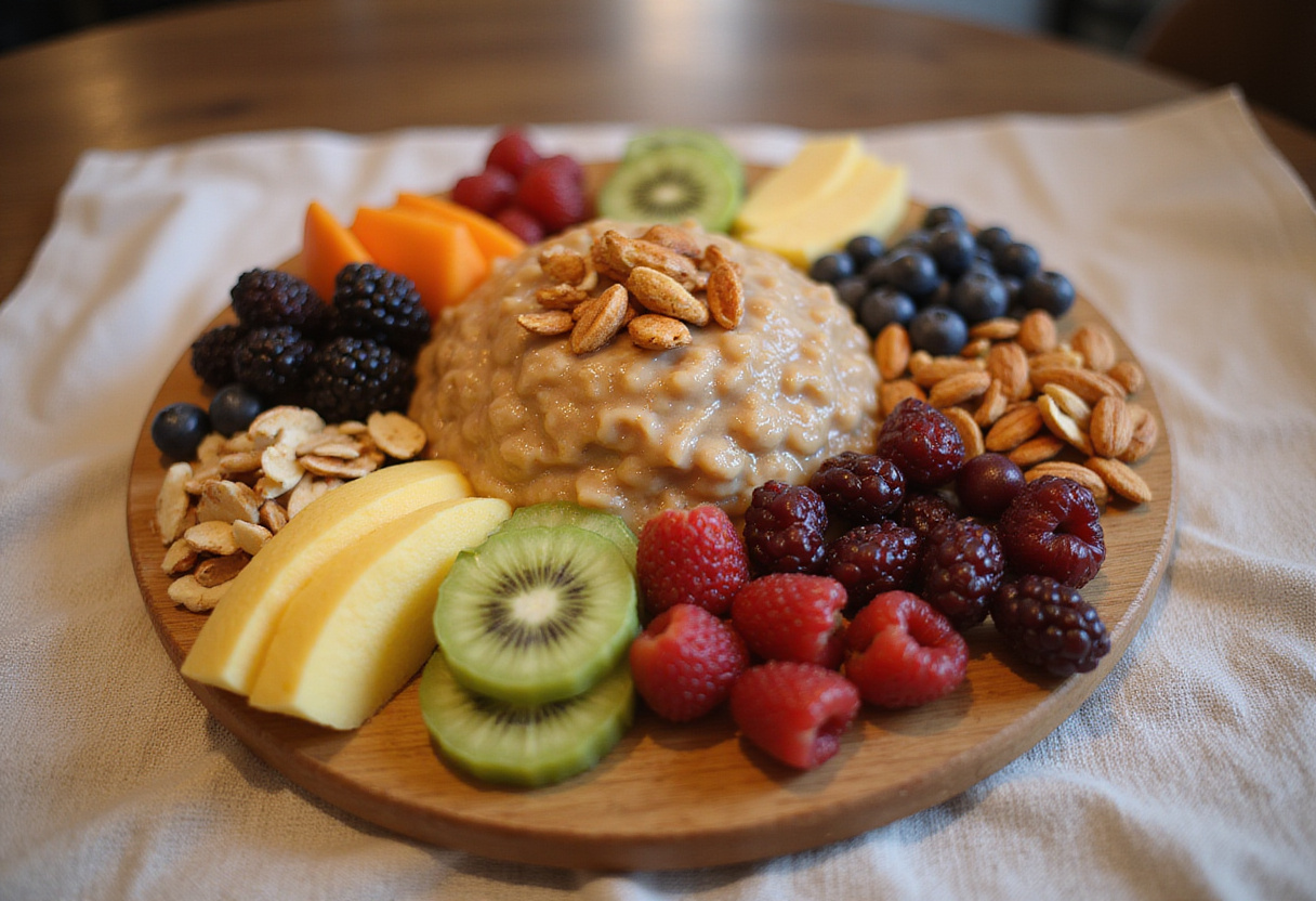 Fruit and nuts toppings for porridge parfait, perfect for a healthy breakfast.