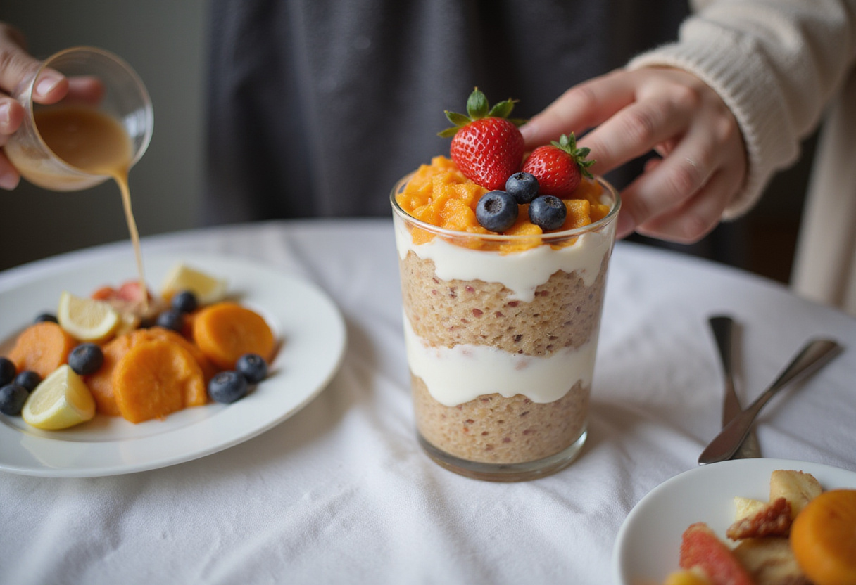 Porridge parfait layered in a glass, ready for serving as parfait au porridge.