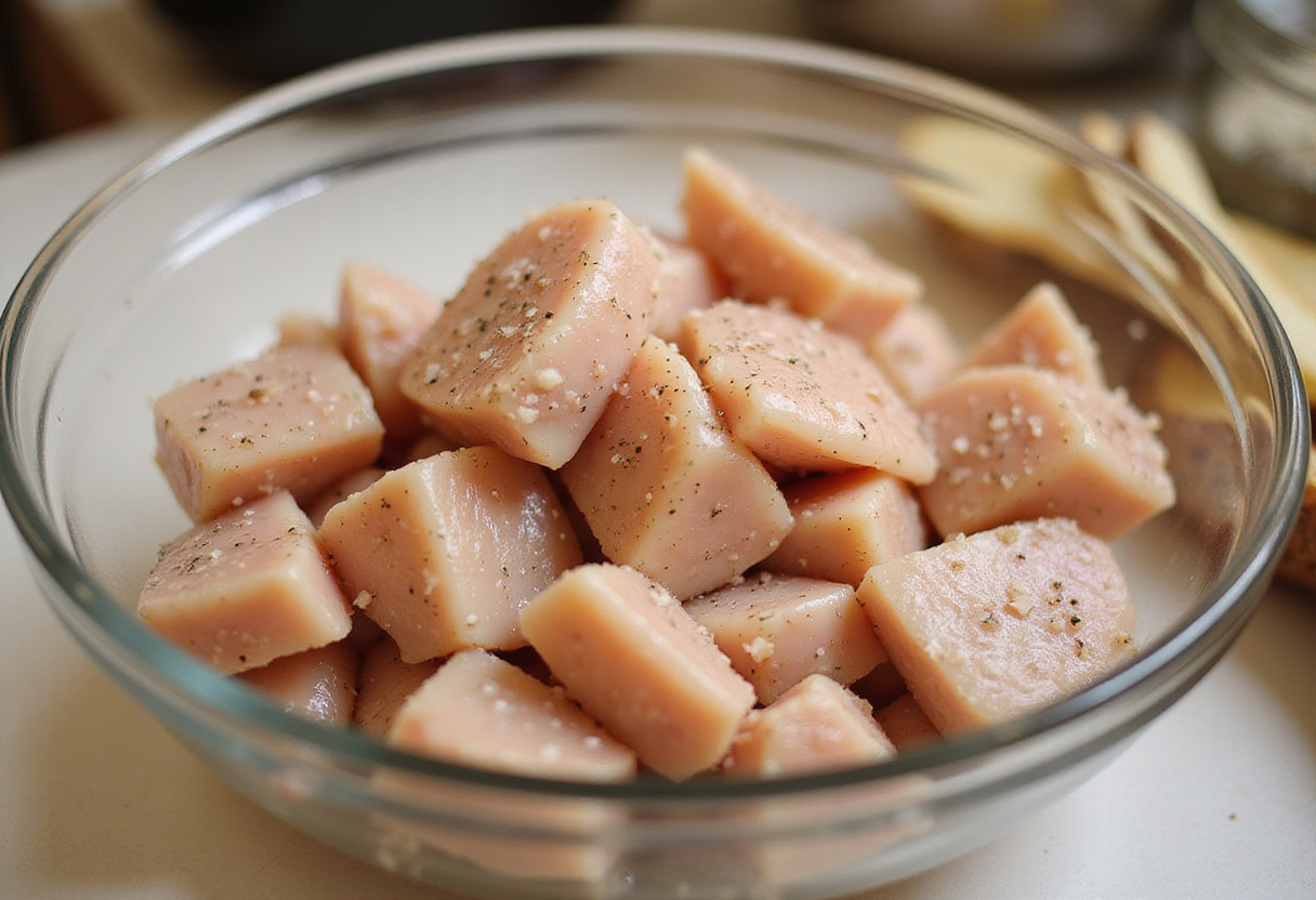 Blancs de poulet coupés en dés et assaisonnés pour la recette de Poulet au Boursin.