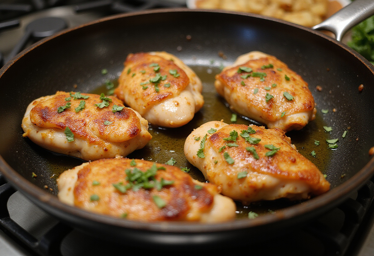 Chicken being seared in a skillet for poulet à la grecque recipe, ideal for a dîner en famille.