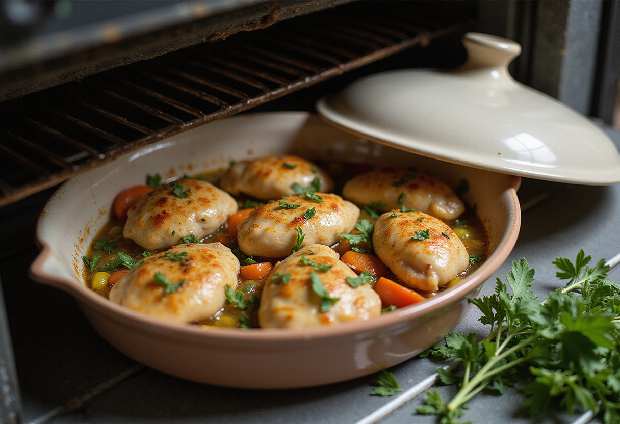 Casserole dish of poulet à la grecque ready to bake in the oven for a delicious family dinner.