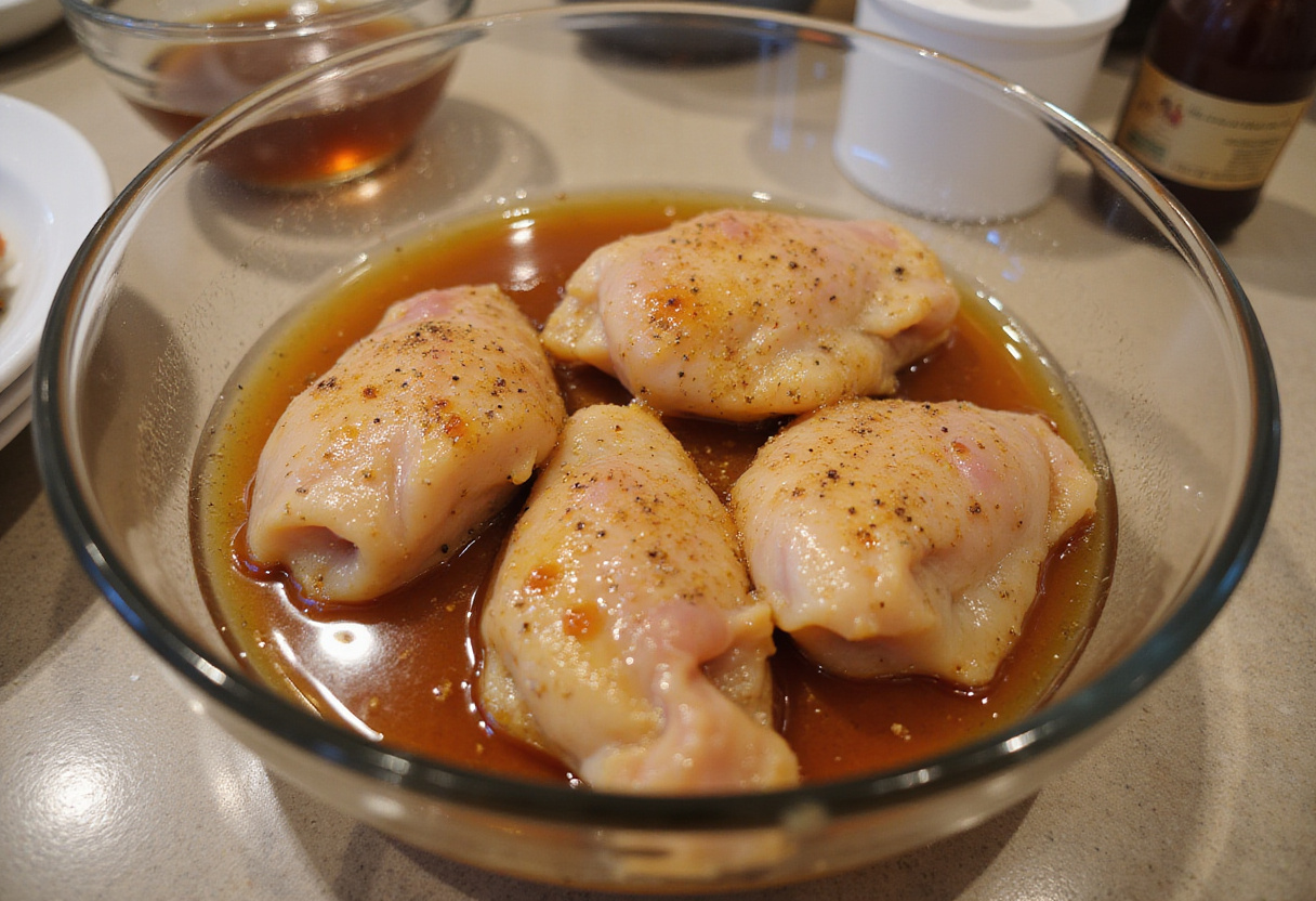 Marinated chicken pieces in honey and garlic mixture for poulet au miel.