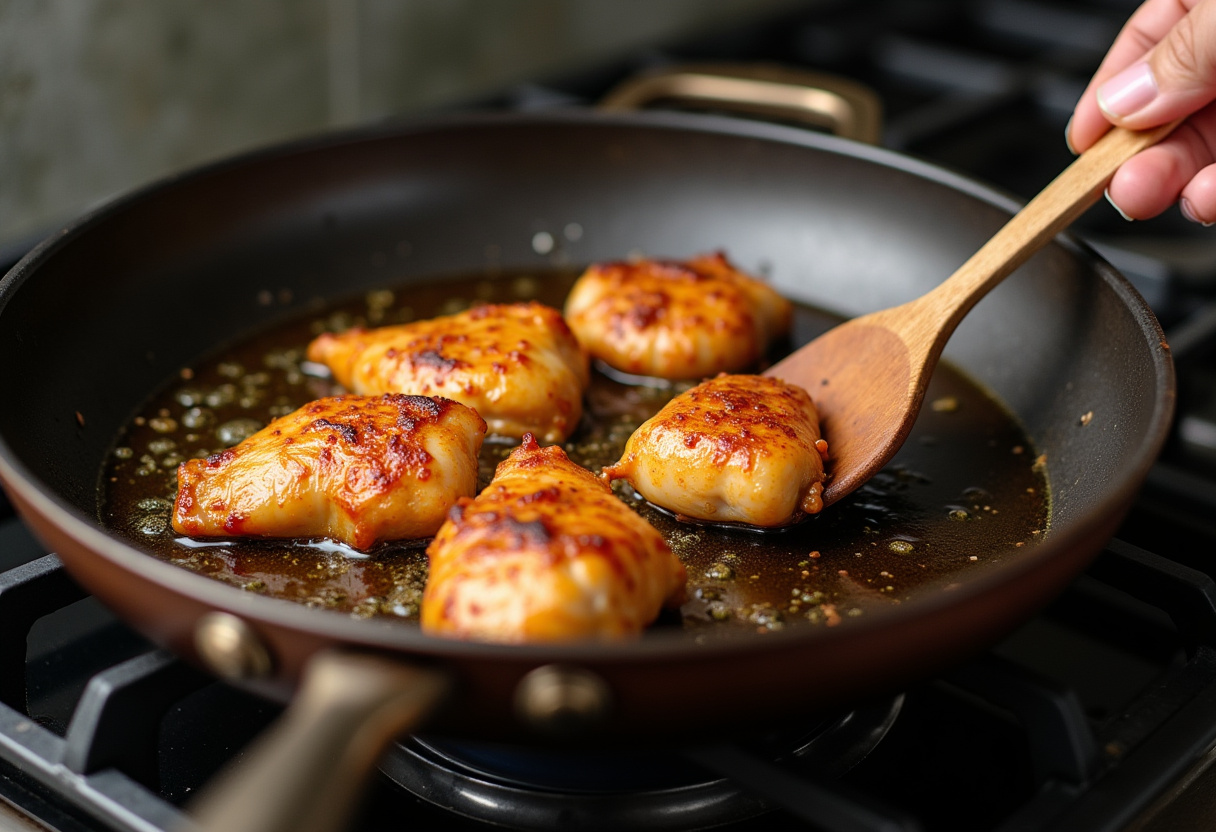 Cooking marinated chicken in a skillet for poulet au miel recipe.