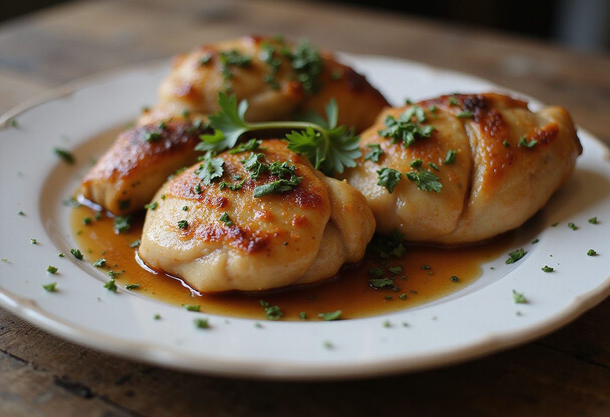 Plated poulet au miel with honey-garlic sauce and herb garnish.