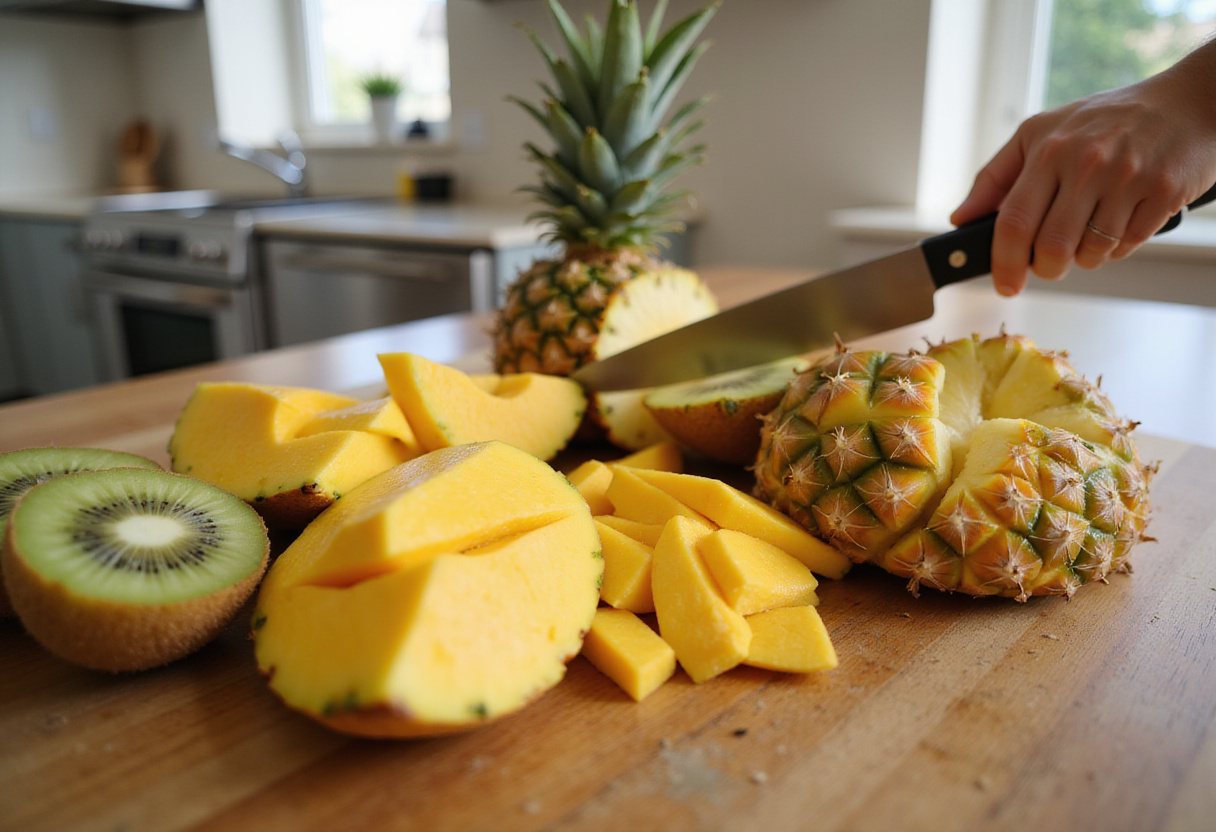 Fruits tropicaux frais, comme l'ananas et la mangue, préparés pour un Punch Tropical cocktail léger.