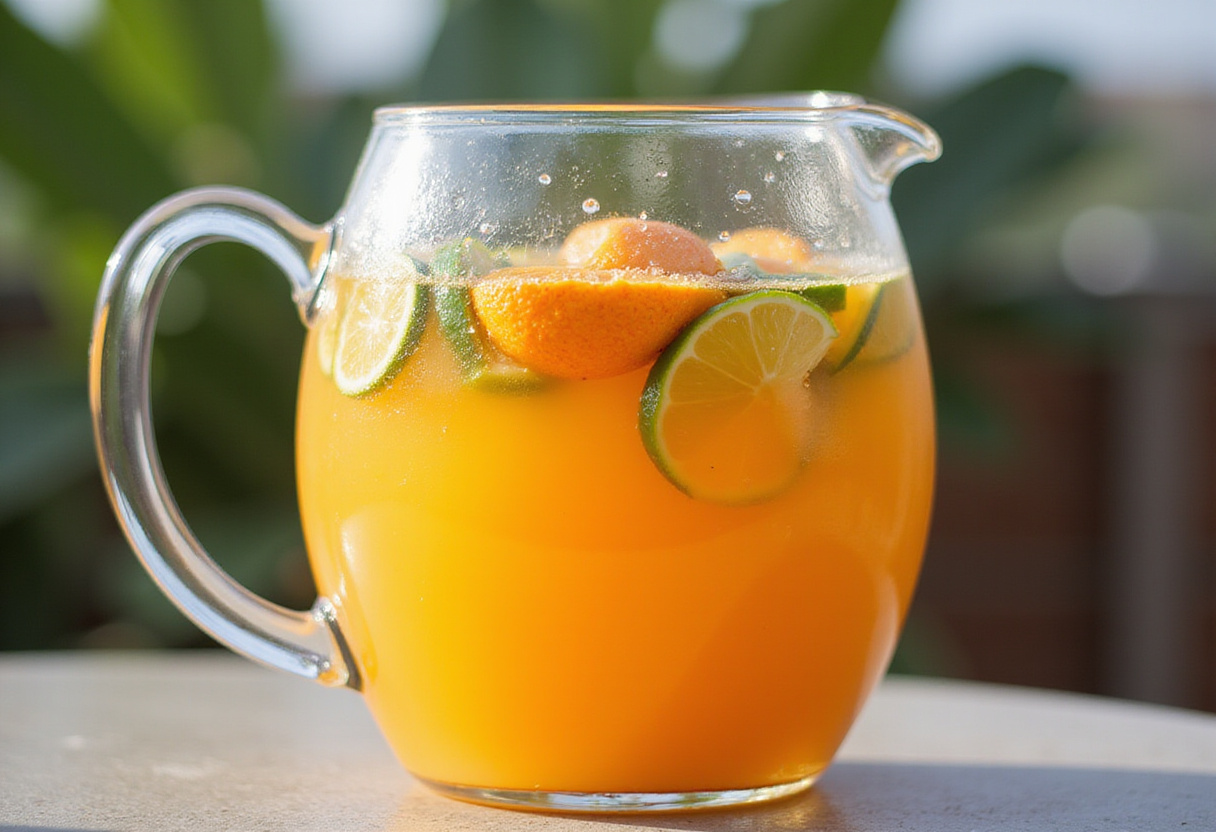 Mélange rafraîchissant de jus d'orange et de citron vert dans un pichet pour la recette du Punch Tropical.