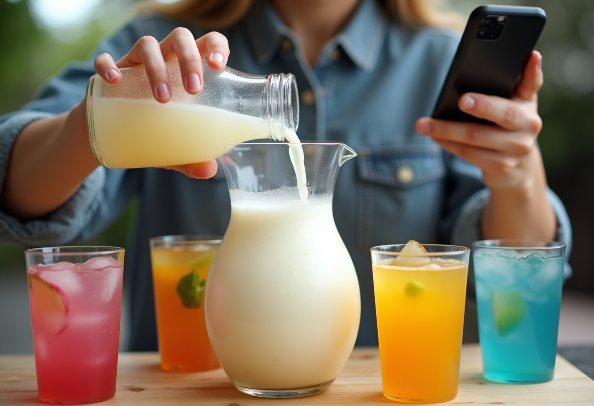 Verser de l'eau de coco dans un punch tropical pour un cocktail d'été rafraîchissant.