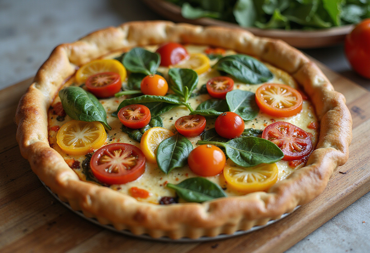 Quiche estivale aux tomates cerises et épinards, délicieusement présentée pour un repas d'été.
