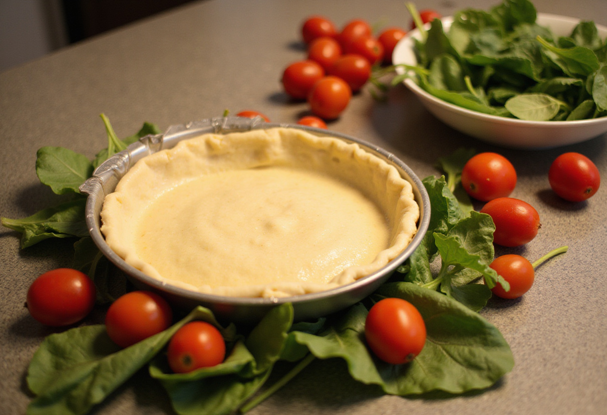 Préparation de la croûte de quiche estivale aux tomates cerises et épinards.