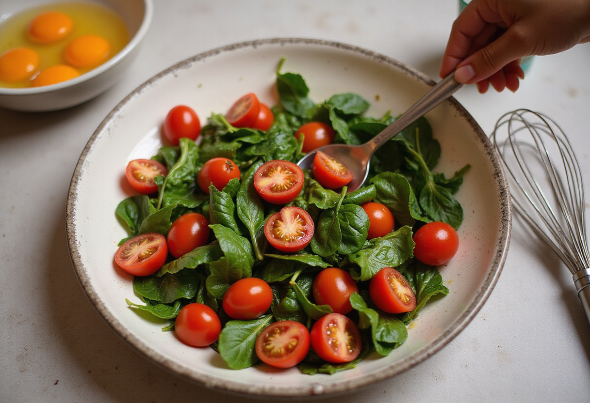 Mélange de tomates cerises et d'épinards pour la quiche estivale.