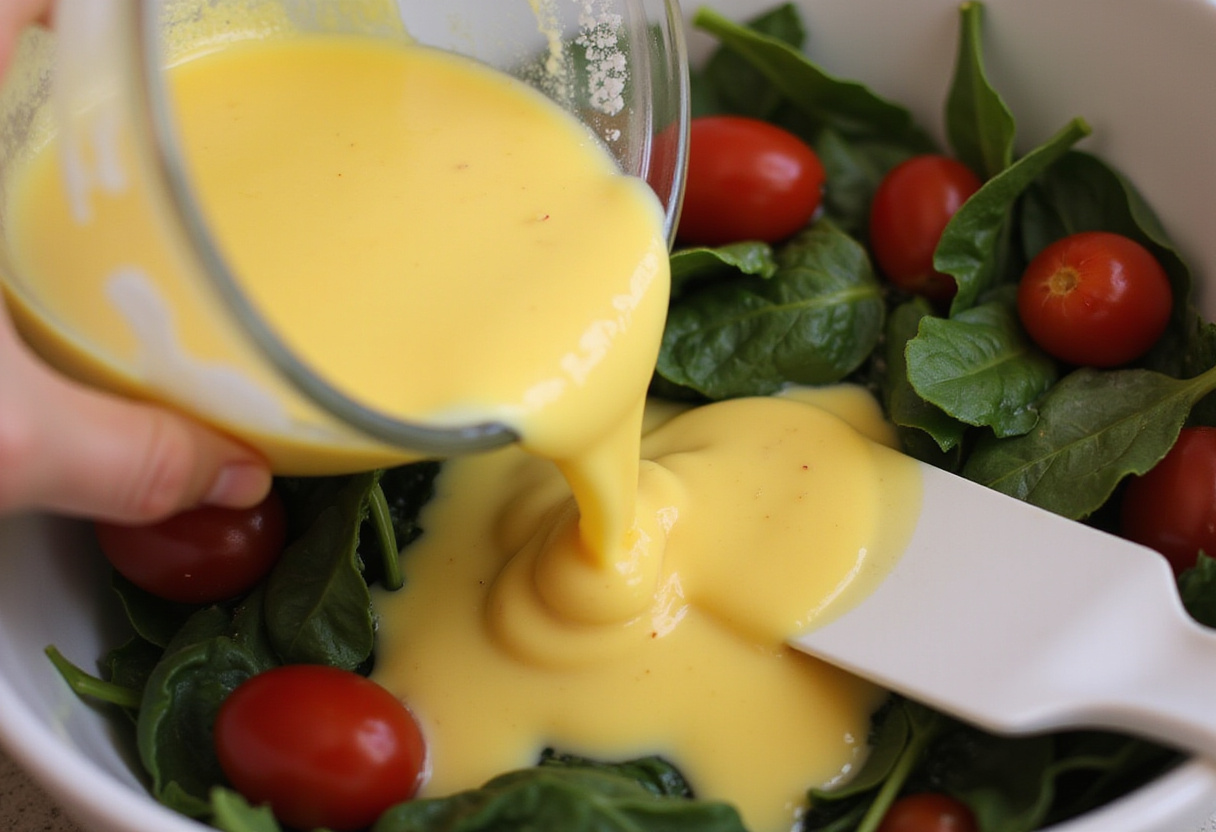 Ingrédients liquides ajoutés à la recette de quiche estivale aux tomates cerises et épinards.