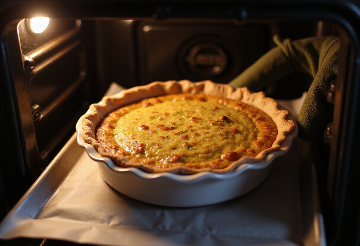 Quiche estivale prête à cuire au four, avec tomates cerises et épinards.