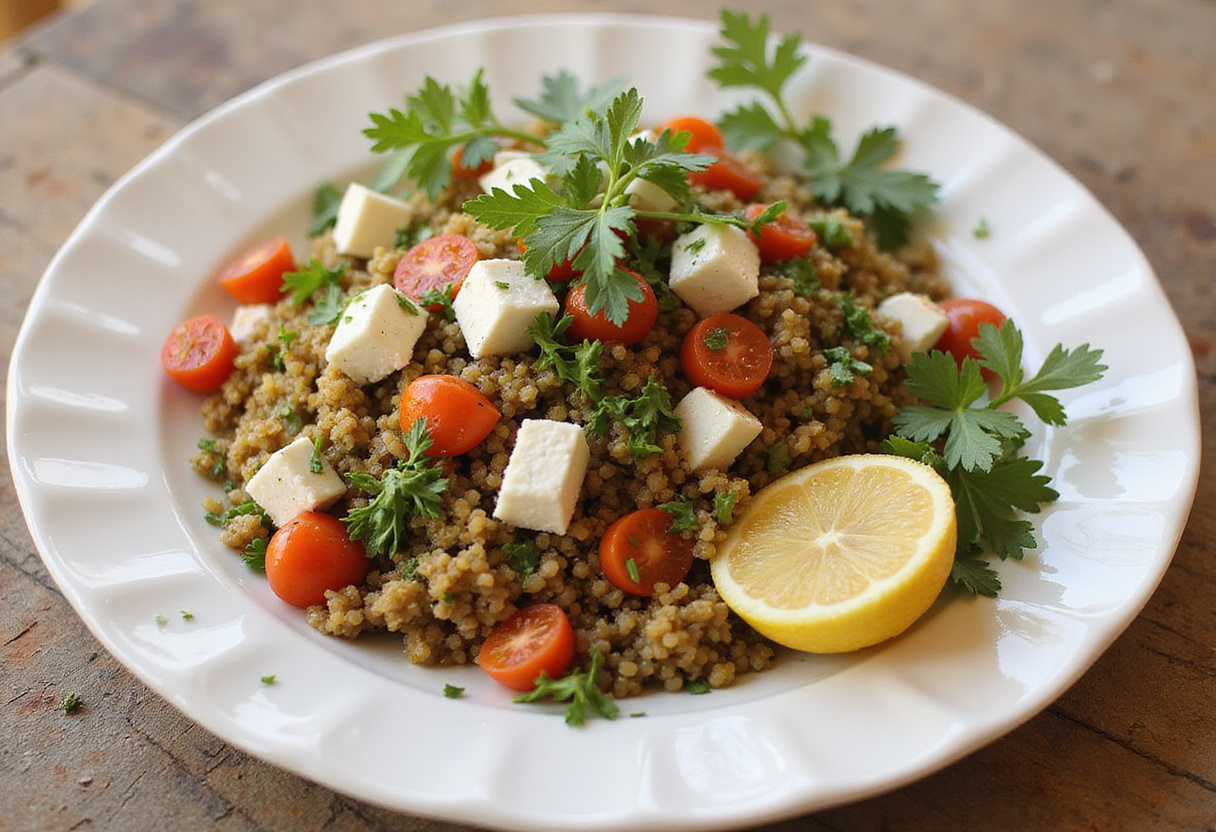 Finished quinoa concombres-feta, a healthy and quick repas riche en saveurs.
