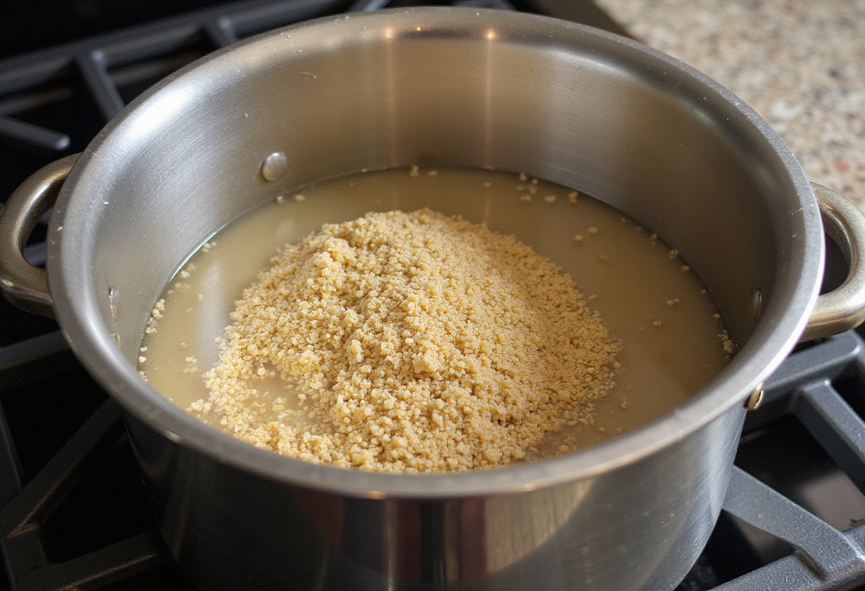 Pot of quinoa cooking on the stove for a rapide quinoa recette.