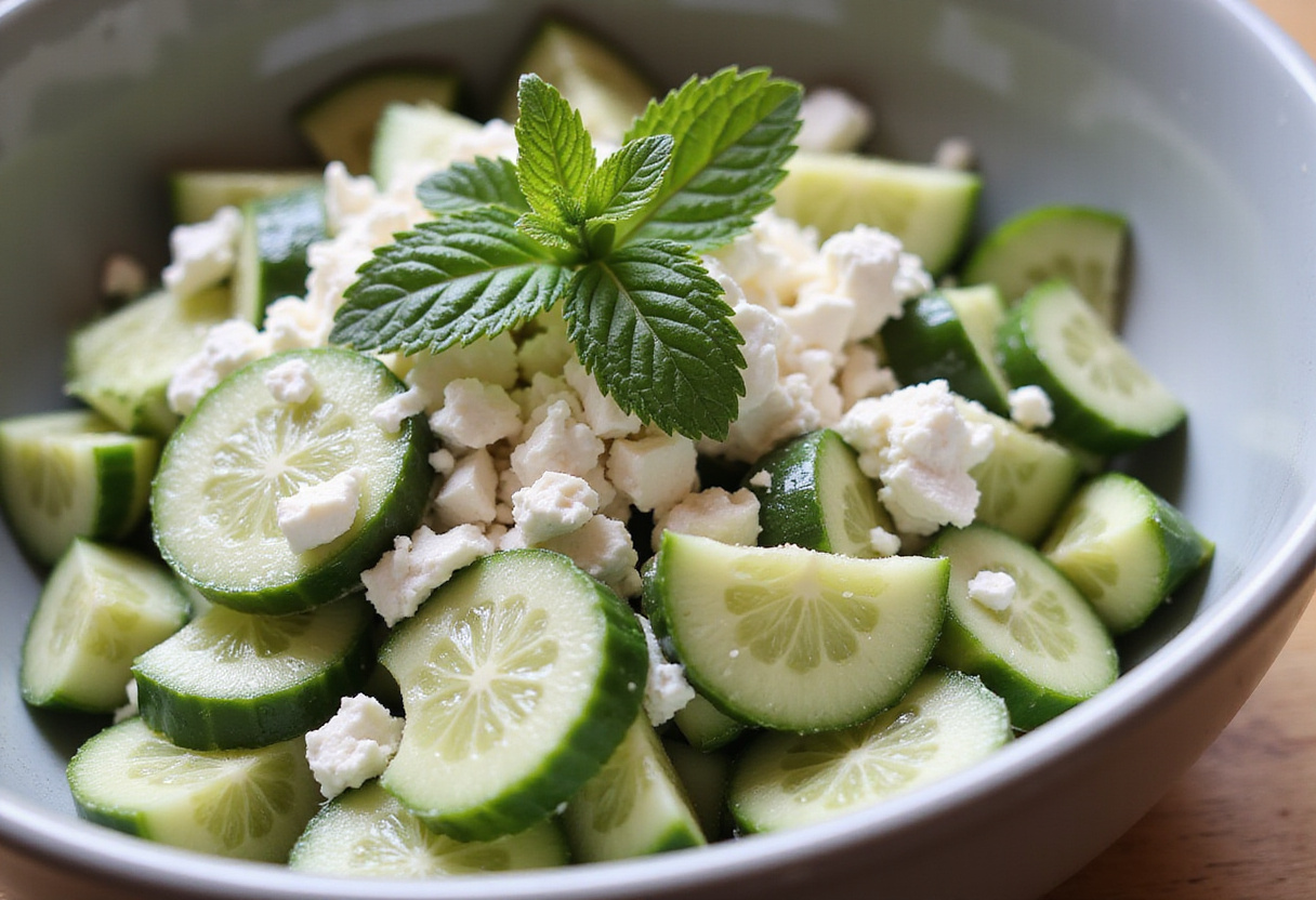 Diced cucumbers and feta in a bowl, preparing for quinoa salade recipe.