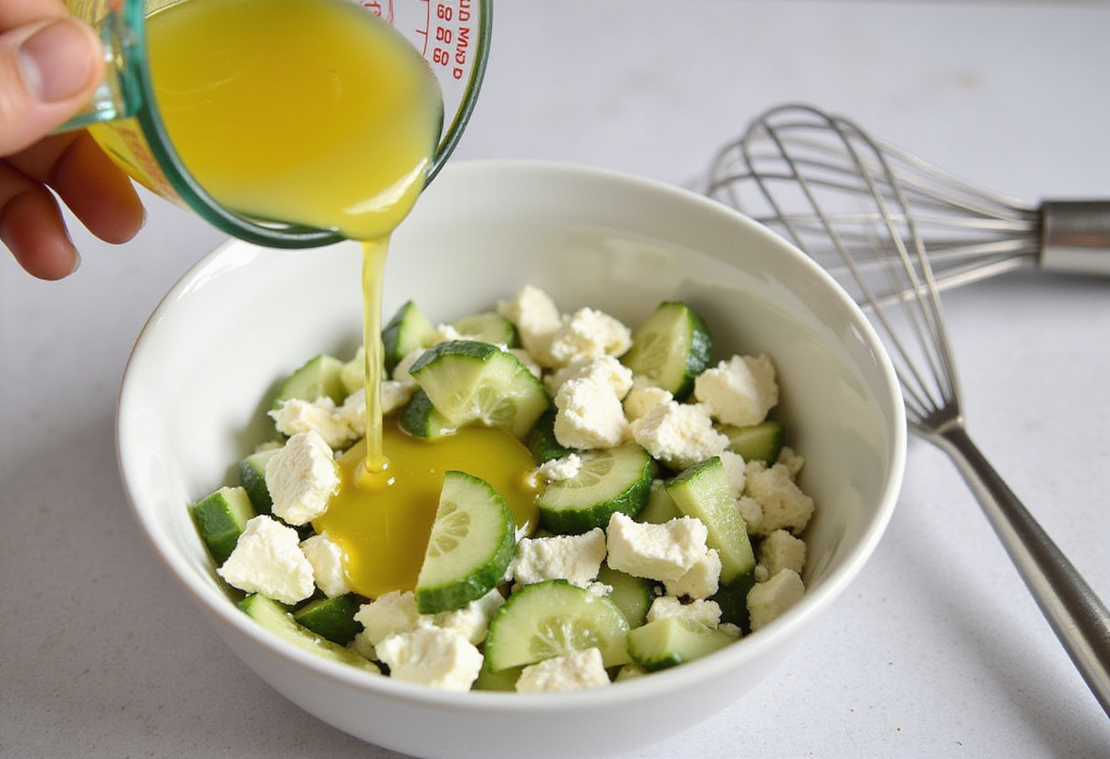 Pouring olive oil and lemon juice for quinoa concombres-feta recette saine.