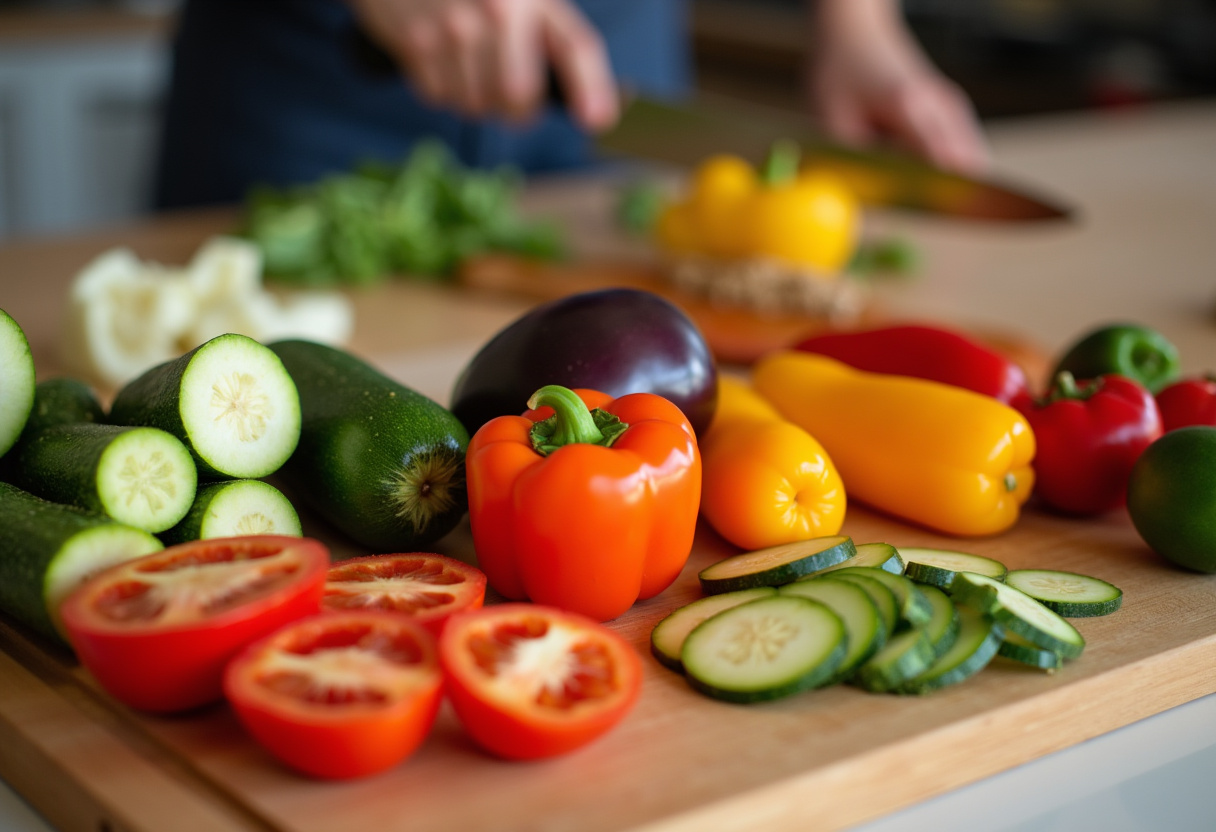 Fresh vegetables being sliced for ratatouille colorée recipe, a healthy and quick dish.