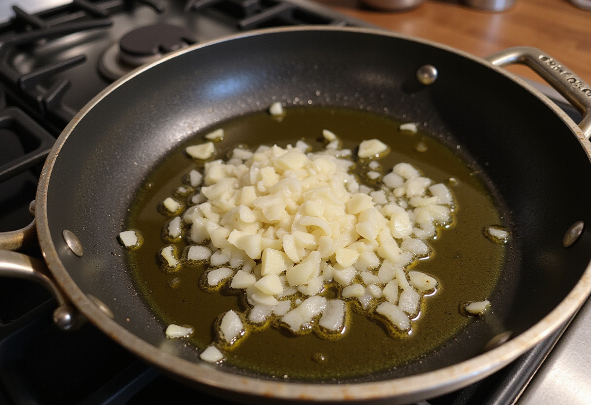 Onions and garlic sautéing in olive oil for a quick and healthy ratatouille colorée preparation.