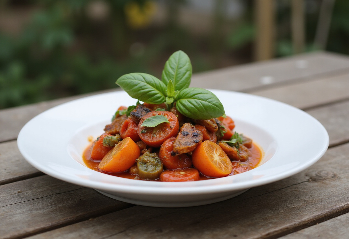 Assiette de ratatouille provençale garnie de basilic, parfaite pour un dîner estival.