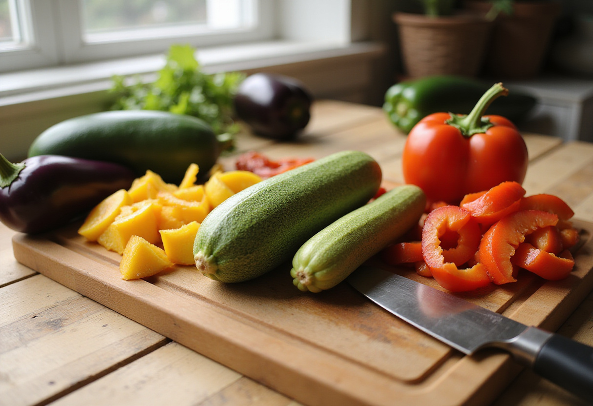 Découpe de légumes de saison pour la ratatouille provençale dans une cuisine d'été lumineuse.