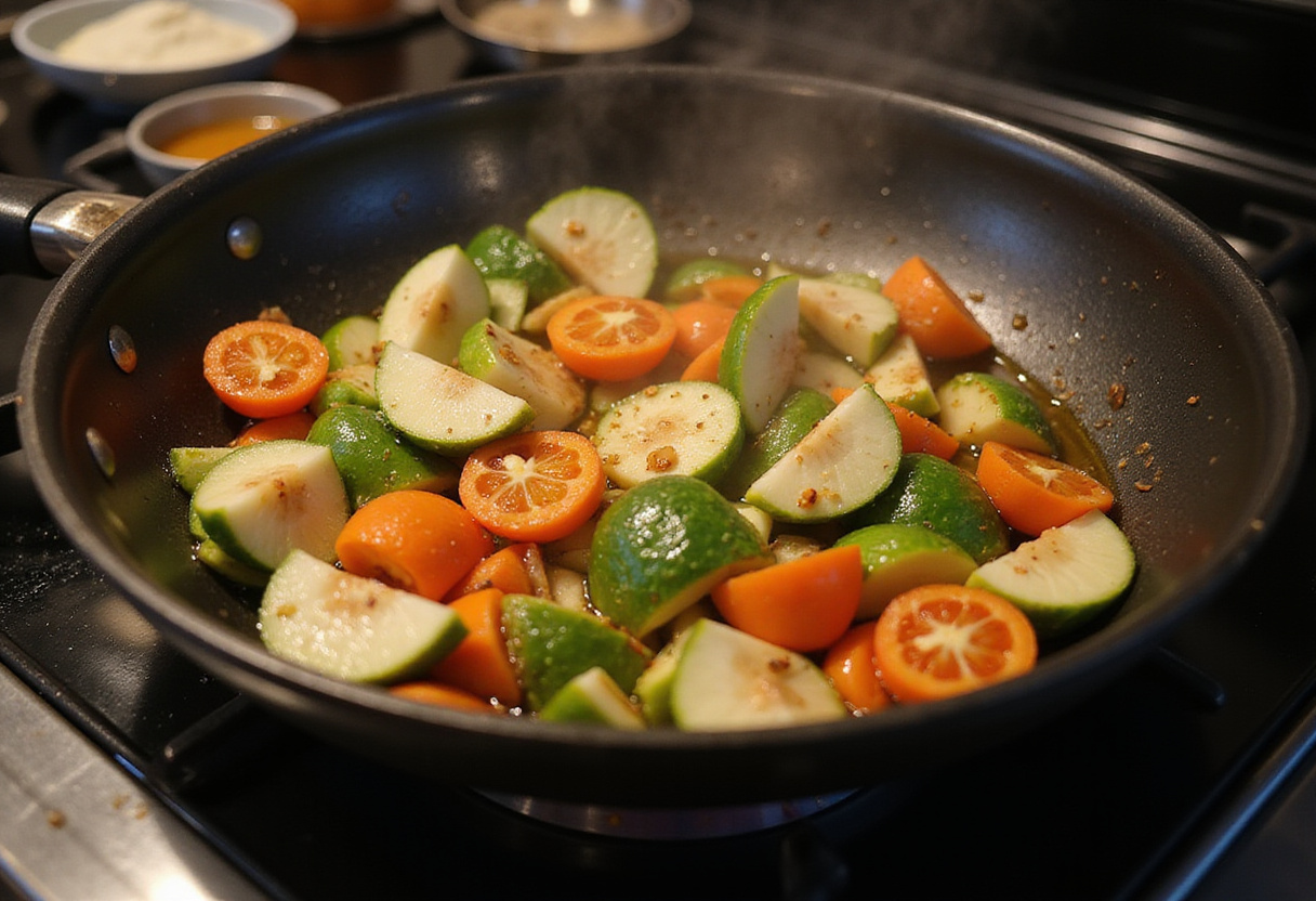Sauter les légumes coupés dans l'huile d'olive pour la ratatouille provençale dans une cuisine d'été.