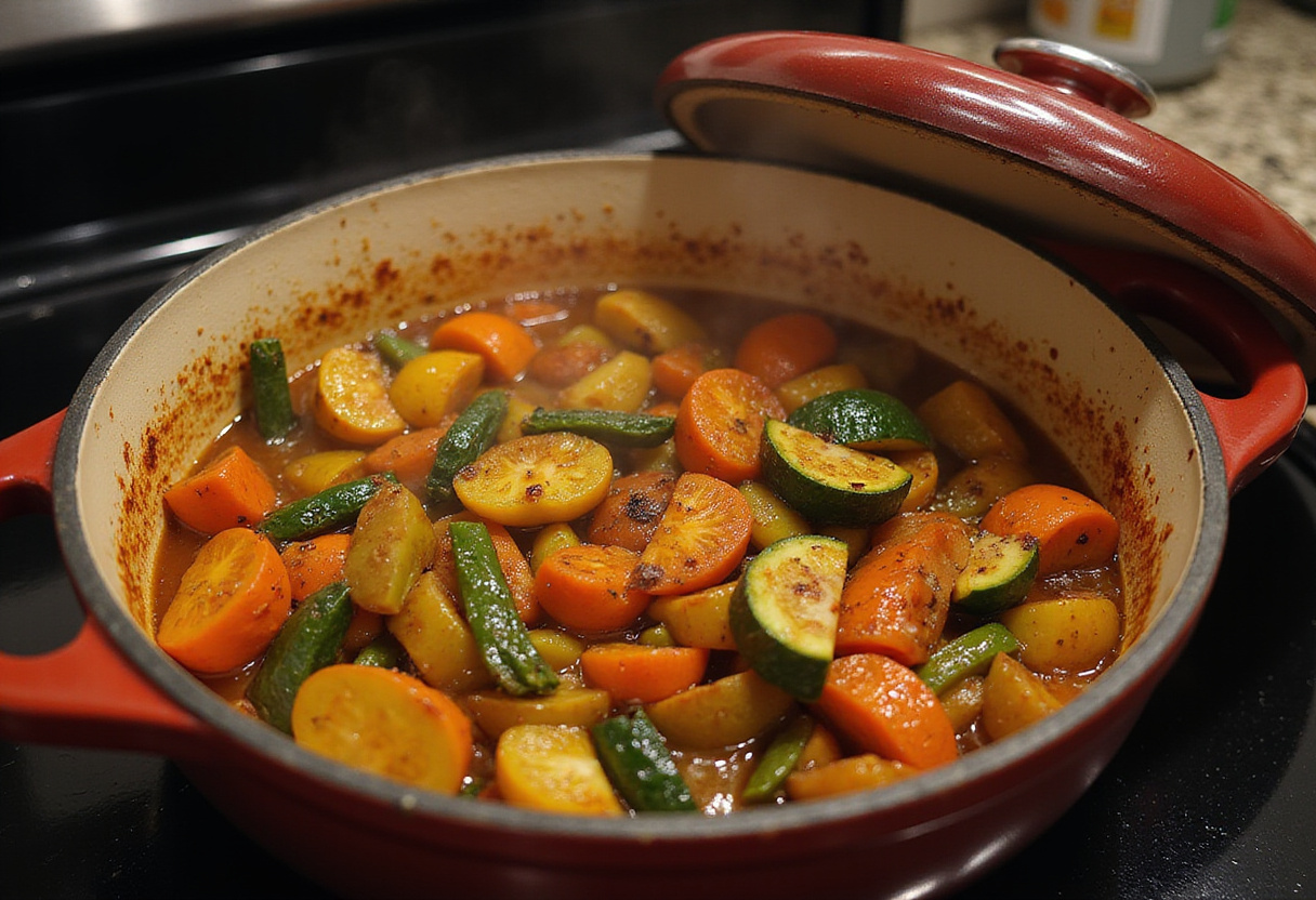 La ratatouille provençale mijote dans une cocotte, mettant en valeur le mélange vibrant de légumes.