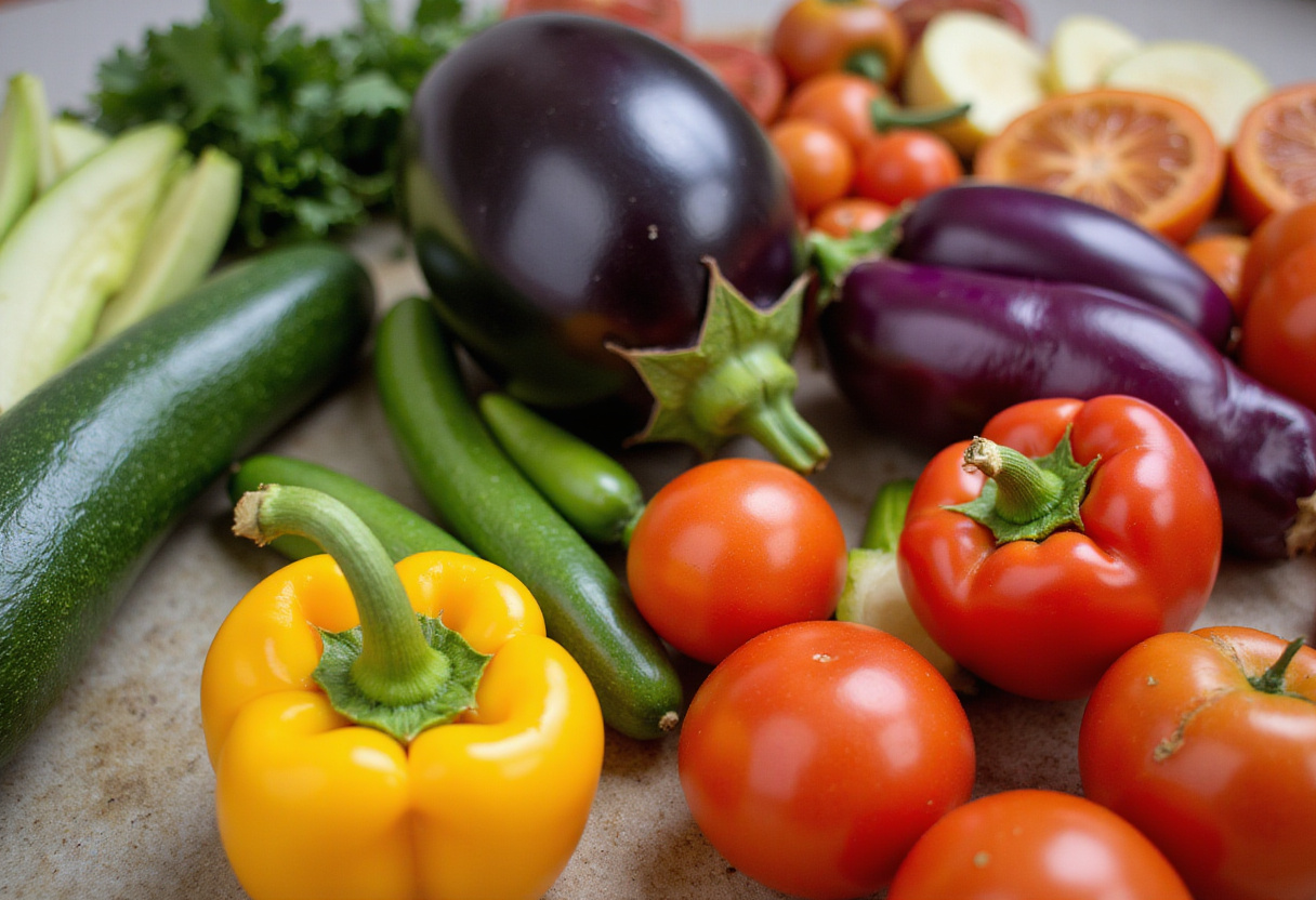 Fresh vegetables prepared for ratatouille traditionnelle recipe, including zucchini, eggplant, and bell peppers.