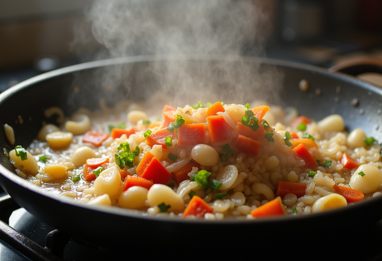 Sautéing onions and garlic in a skillet for a delicious ratatouille traditionnelle dish.