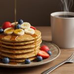 Pancakes aux flocons d’avoine délicieux et moelleux, accompagnés de fruits frais et de sirop d'érable, parfaits pour le petit-déjeuner.