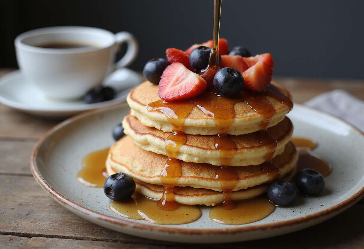 Pancakes aux flocons d’avoine délicieux et moelleux, accompagnés de fruits frais et de sirop d'érable, parfaits pour le petit-déjeuner.