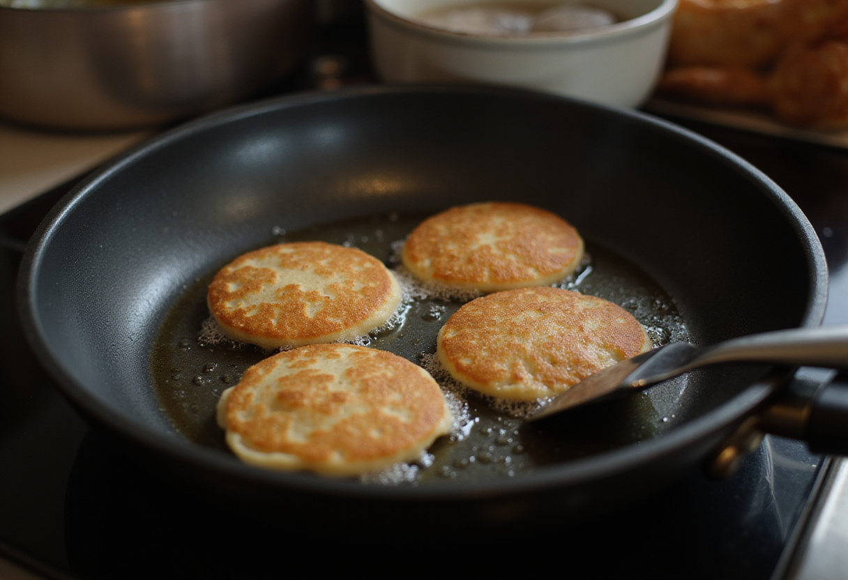 Cuisson de pancakes aux flocons d’avoine dans une poêle, étape de la recette de pancakes faciles.