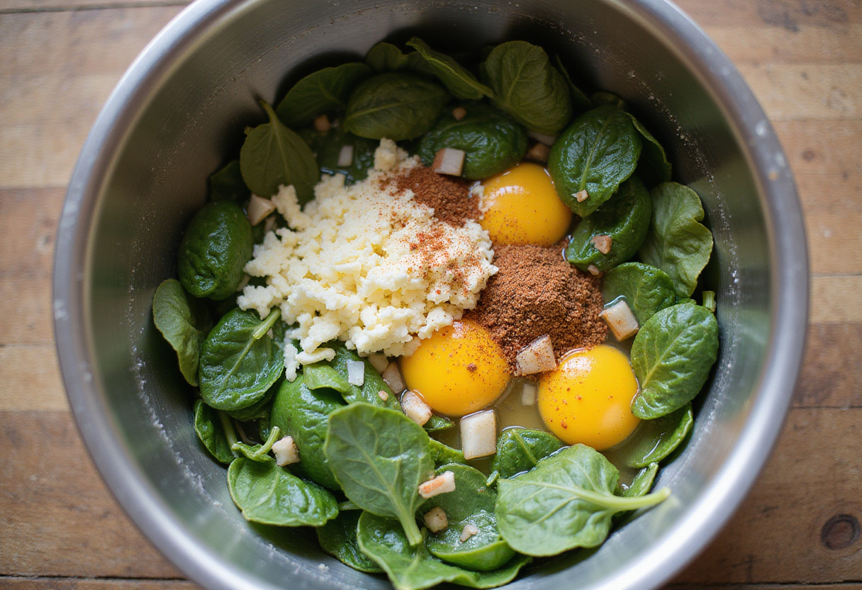 Mixing sautéed spinach and cheese for a quiche facile and savoureuse.