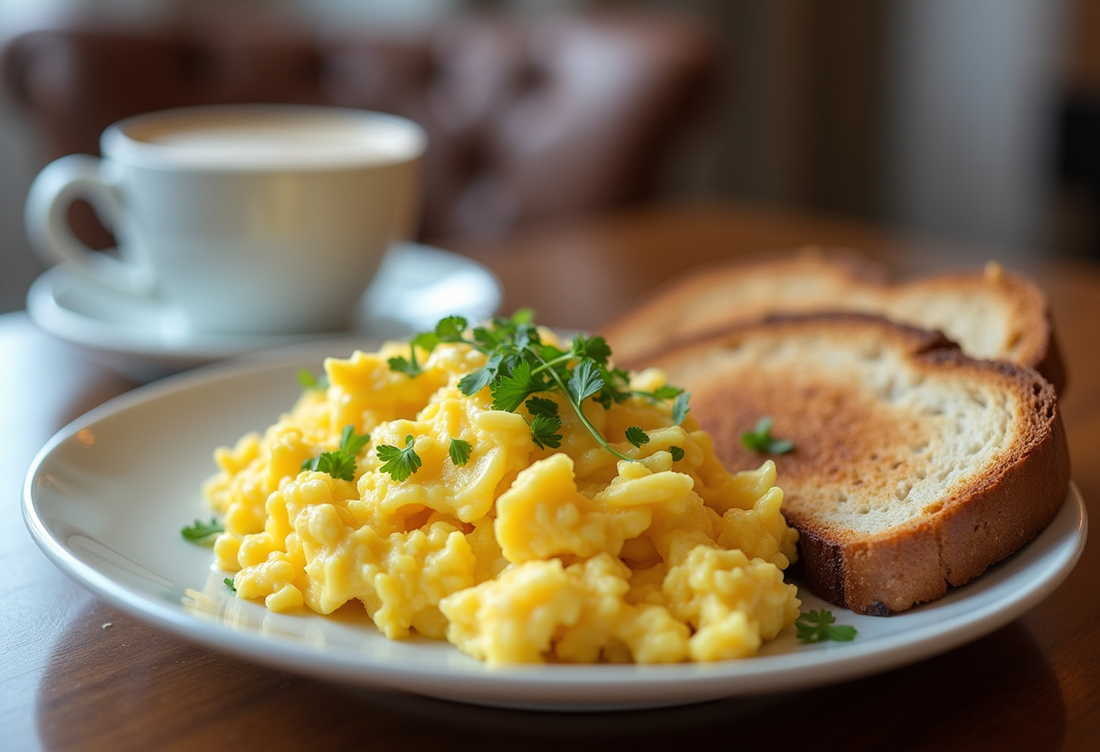 Fluffy scrambled eggs ready to serve as a delightful recipe for œufs brouillés for a perfect breakfast.