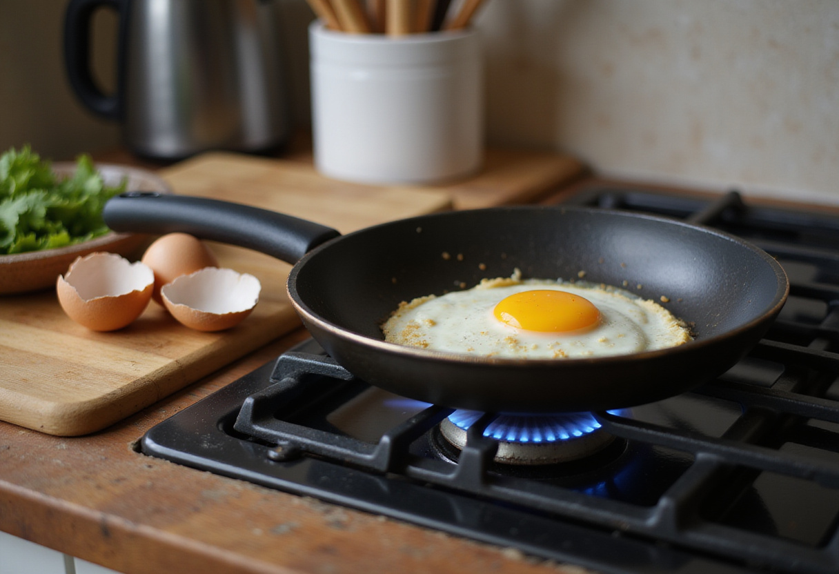 Fresh eggs ready for a recette d'œufs brouillés in a frying pan for a quick breakfast.