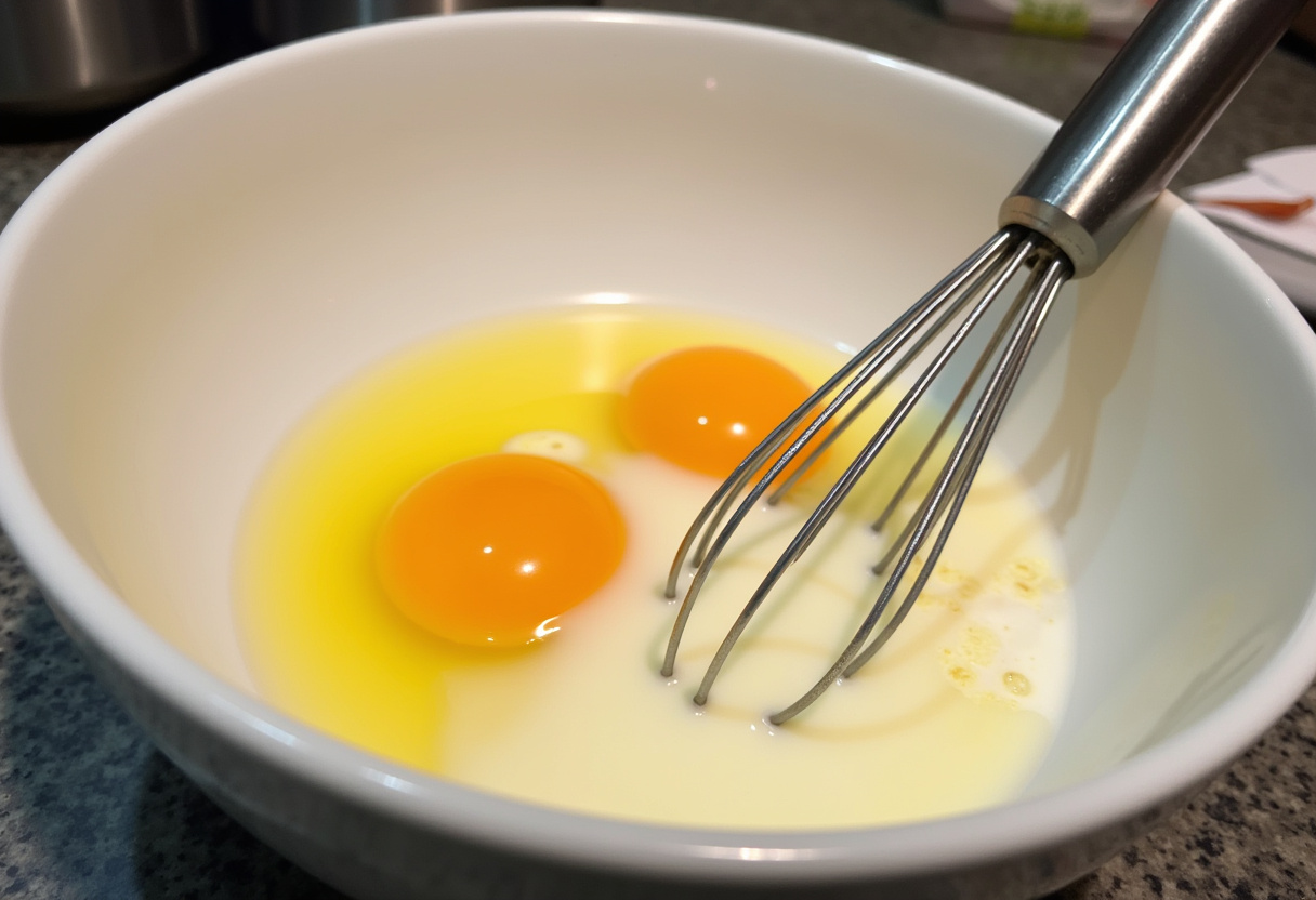 Whisked eggs with milk for une recette facile d'œufs brouillés, perfect for a speedy breakfast.