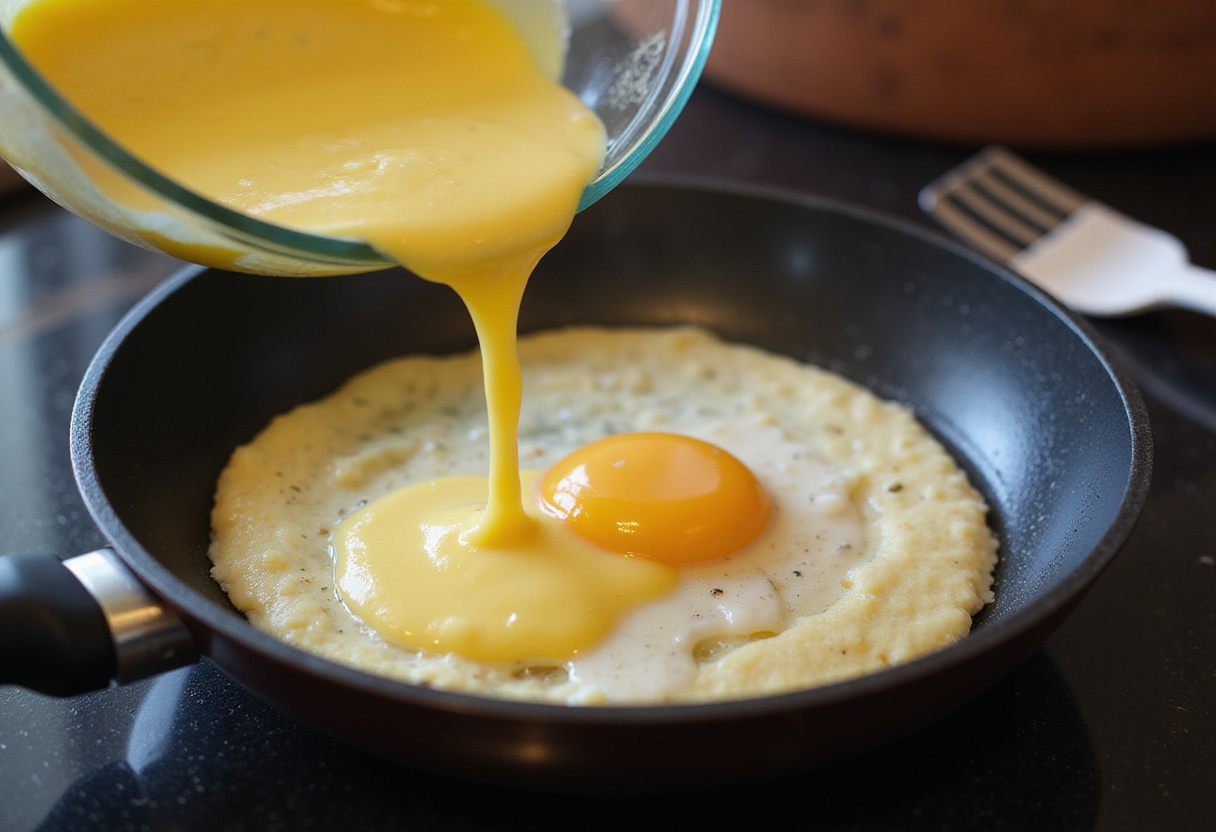Egg mixture poured into the pan for cooking œufs brouillés faciles for a satisfying morning meal.