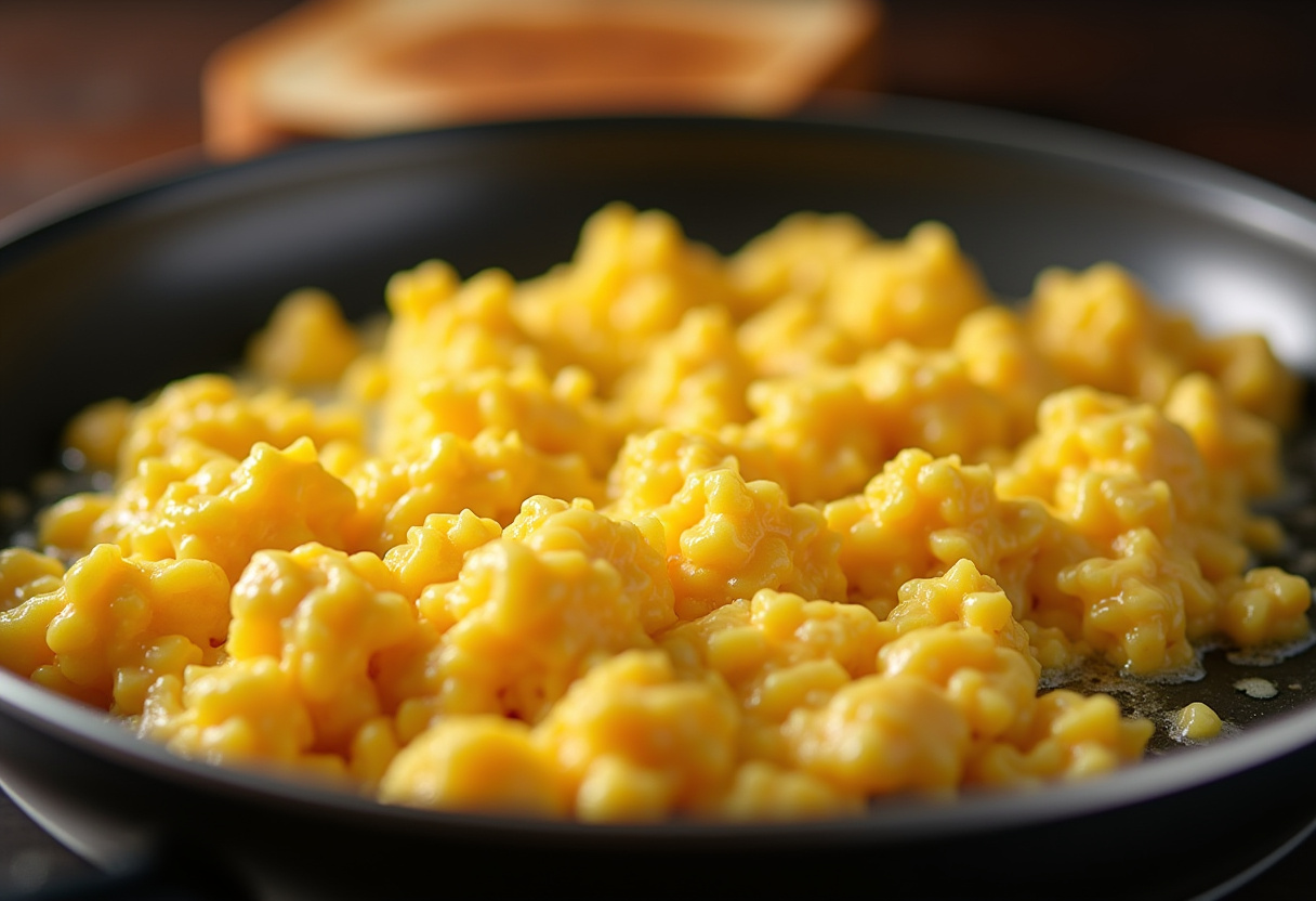 Cooking œufs brouillés in a pan, showcasing a delicious easy breakfast atmosphere.