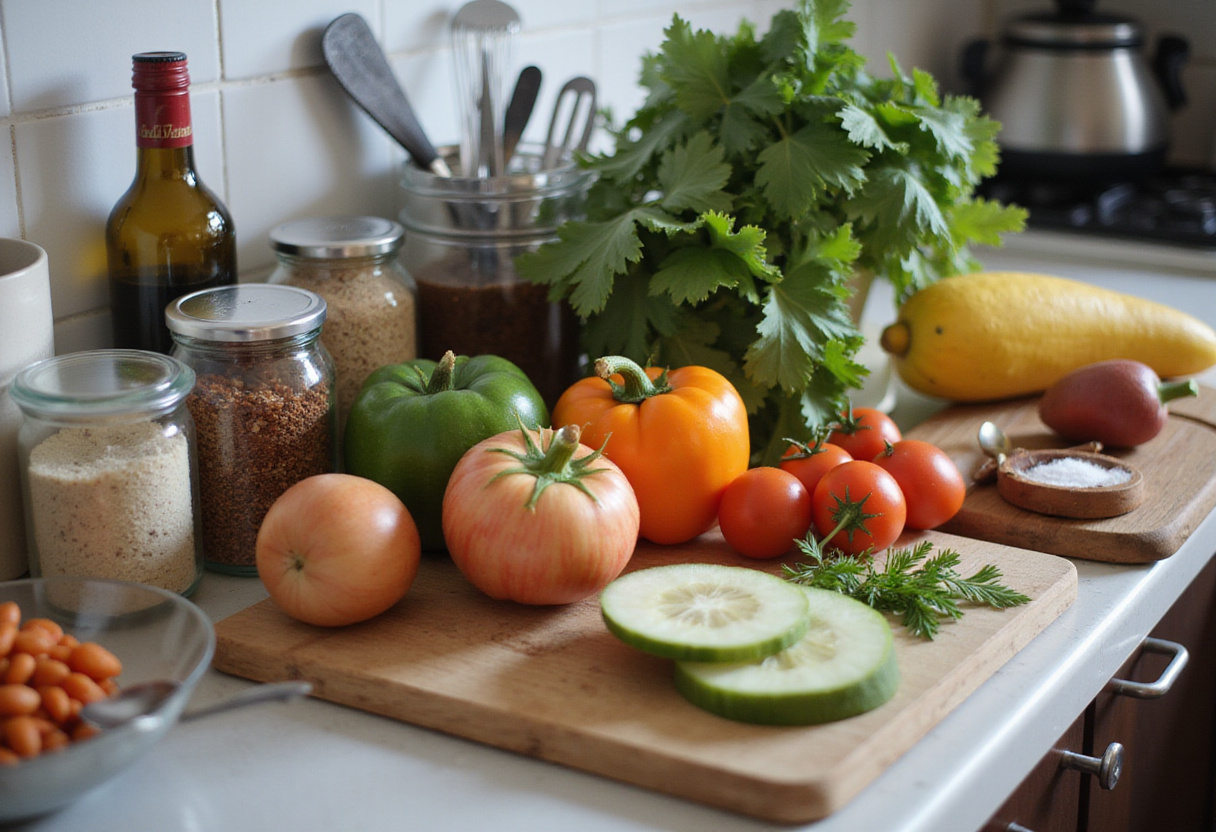 Ingrédients frais et ustensiles pour recettes faciles sur un plan de travail de cuisine.