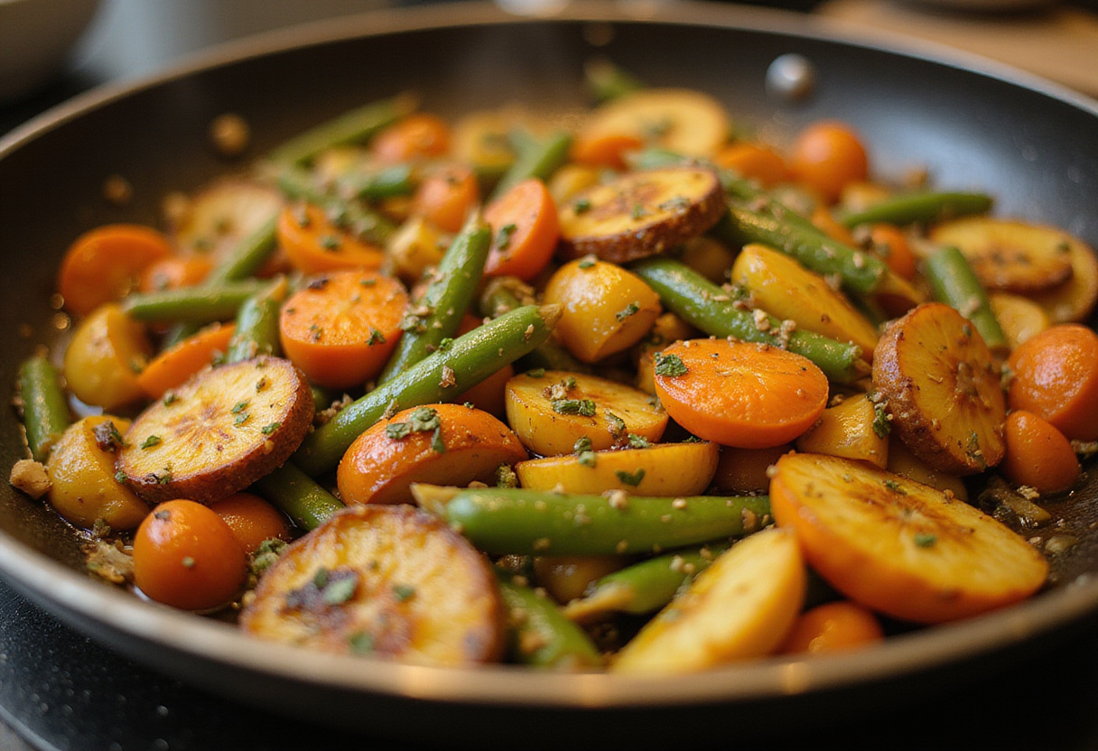 Légumes sautés dorés prêts pour une délicieuse recette de cuisine rapide.