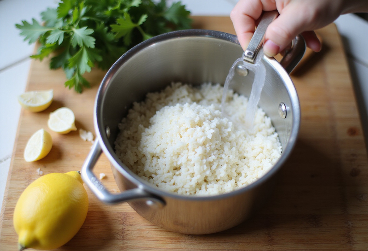 Rinçage du riz pour la préparation du Riz Grec au Citron avec du citron frais et de l'ail.