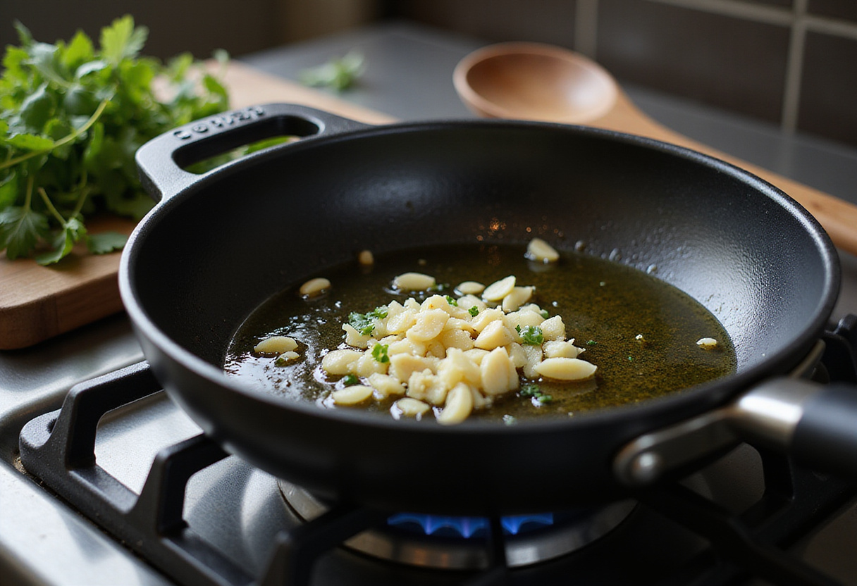 Sauter l'ail dans l'huile d'olive pour la recette du Riz Grec au Citron, rehaussant la saveur.