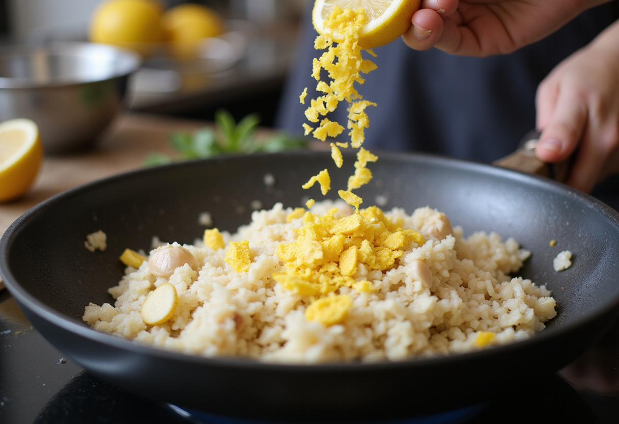 Ajout de riz et de zeste de citron pour le Riz Grec au Citron, infusant des saveurs fraîches.