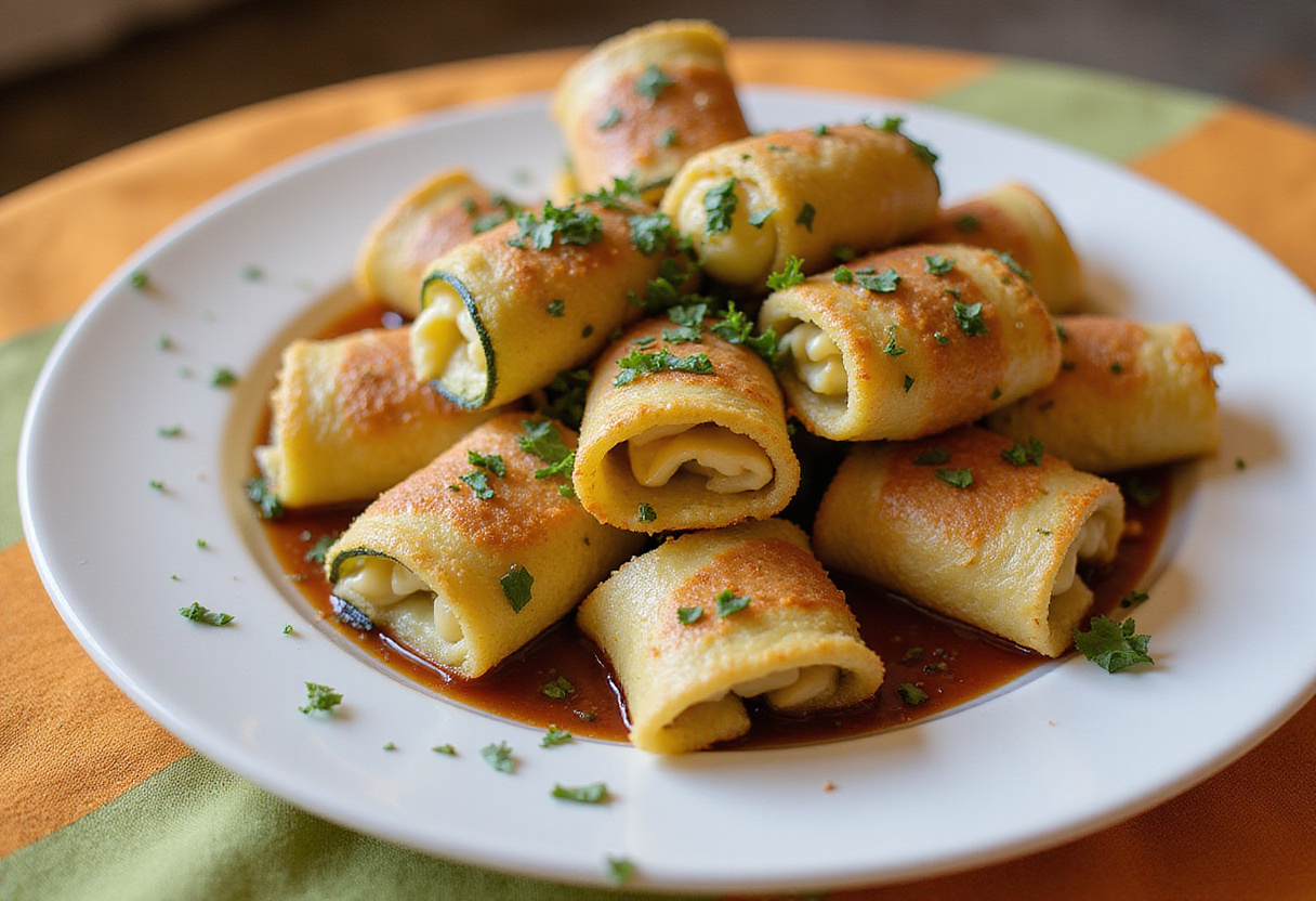 Rouleaux croustillants de courgette dorés, un plat délicieux et original à déguster.