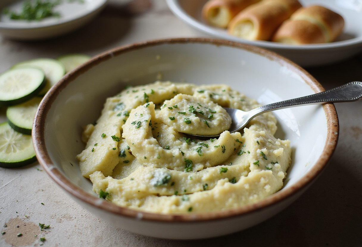Mélange de fromage et d'herbes prêt à être utilisé pour les rouleaux croustillants de courgette.