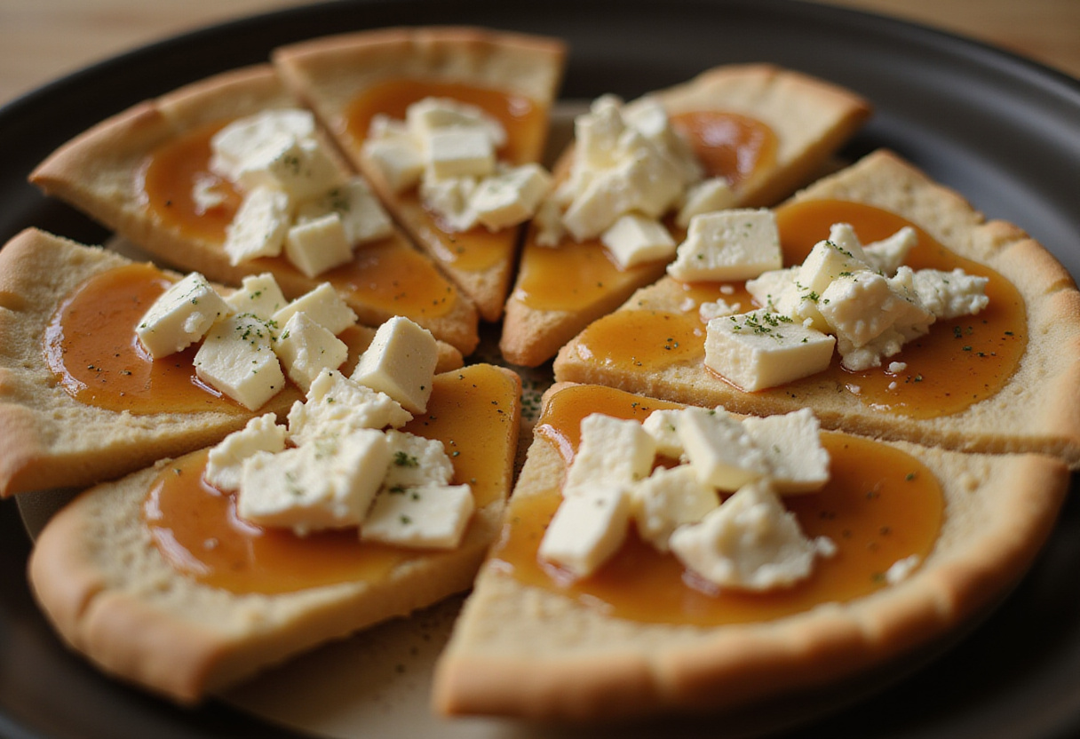 Plateau de tranches de pain pita préparées pour la recette roulés feta miel épicé.