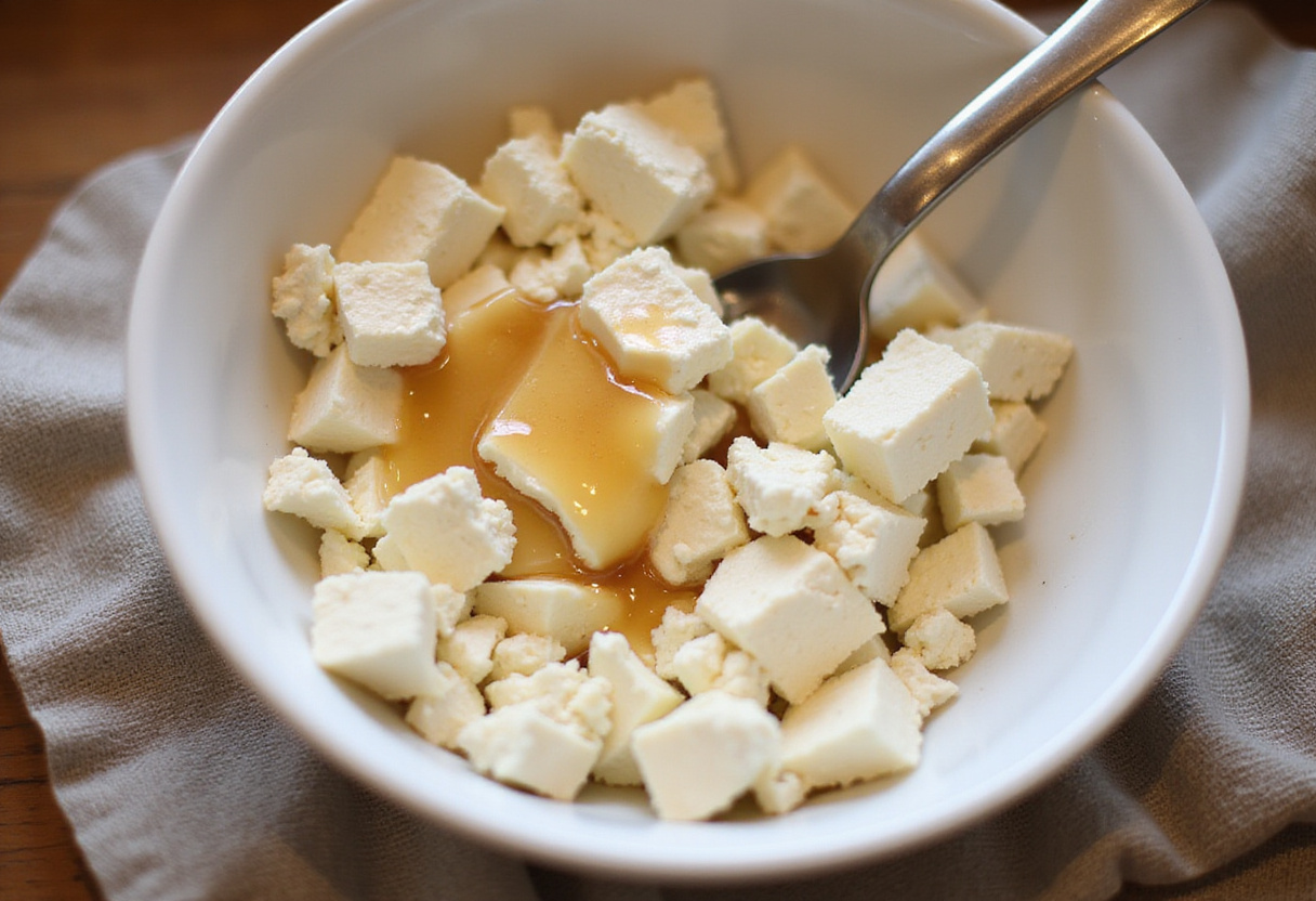 Mélange de feta et de miel en préparation pour la recette des roulés feta miel épicé.